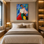 Abstract Expressionist portraiture & figure oil painting showing a colorful figure in a blue and jewel-toned interior in a blue palette, contemporary wall art.