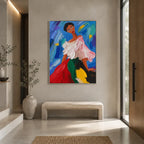 Abstract Expressionist portraiture & figure oil painting showing a colorful figure in a blue and jewel-toned interior in a blue palette, contemporary wall art.
