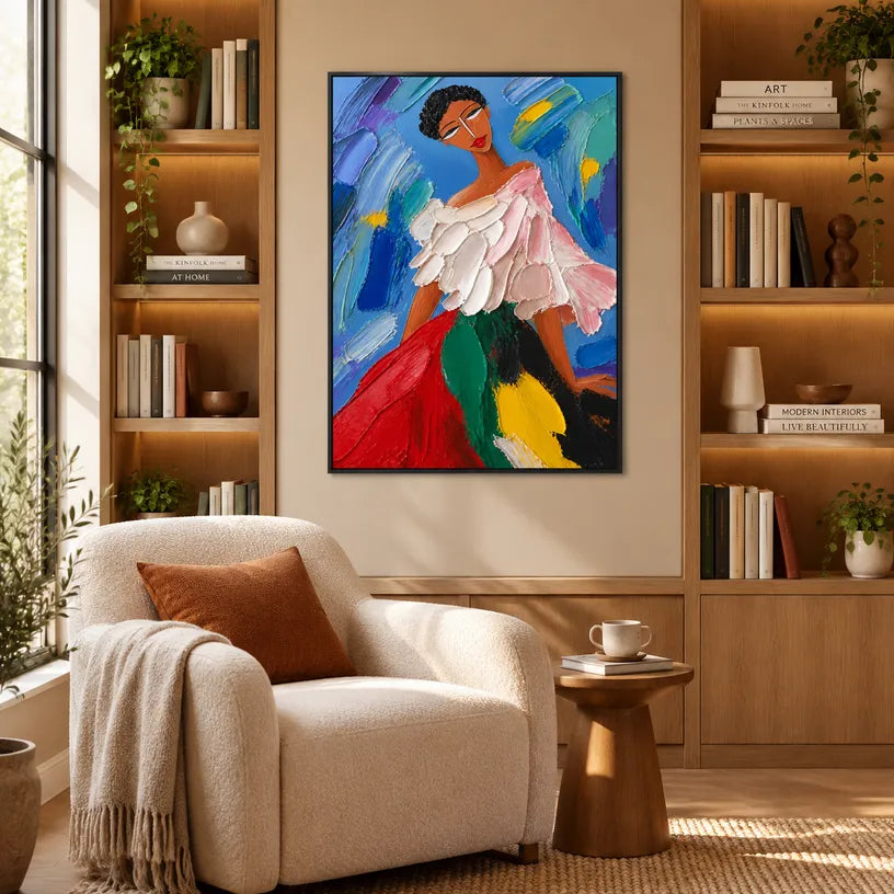 Abstract Expressionist portraiture & figure oil painting showing a colorful figure in a blue and jewel-toned interior in a blue palette, contemporary wall art.