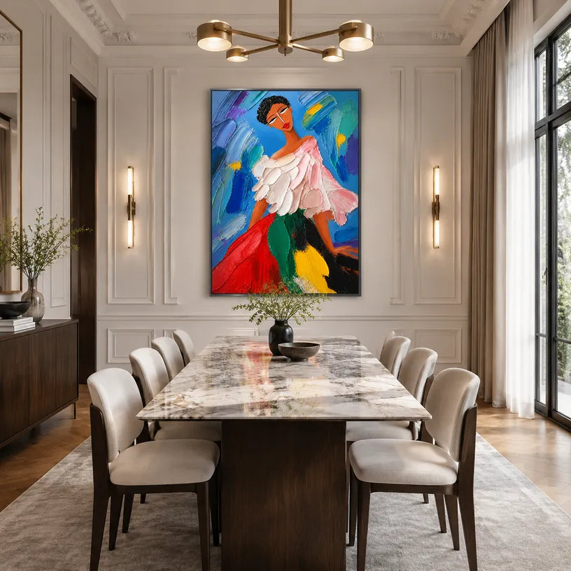 Abstract Expressionist portraiture & figure oil painting showing a colorful figure in a blue and jewel-toned interior in a blue palette, contemporary wall art.