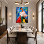 Abstract Expressionist portraiture & figure oil painting showing a colorful figure in a blue and jewel-toned interior in a blue palette, contemporary wall art.