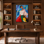 Abstract Expressionist portraiture & figure oil painting showing a colorful figure in a blue and jewel-toned interior in a blue palette, contemporary wall art.