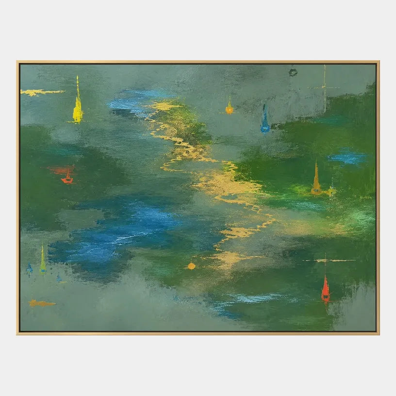 Abstract Expressionist abstract oil painting showing layered abstract marks, texture and expressive painterly movement in a green palette.