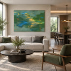 Abstract Expressionist abstract oil painting showing layered abstract marks, texture and expressive painterly movement in a green palette.