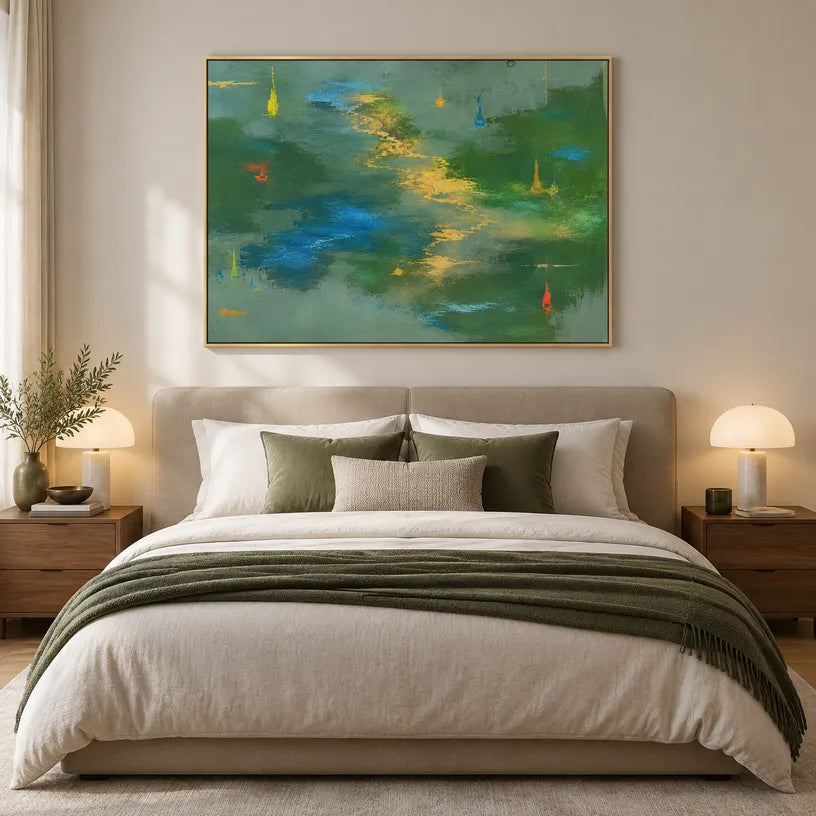Abstract Expressionist abstract oil painting showing layered abstract marks, texture and expressive painterly movement in a green palette.
