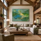 Abstract Expressionist abstract oil painting showing layered abstract marks, texture and expressive painterly movement in a green palette.