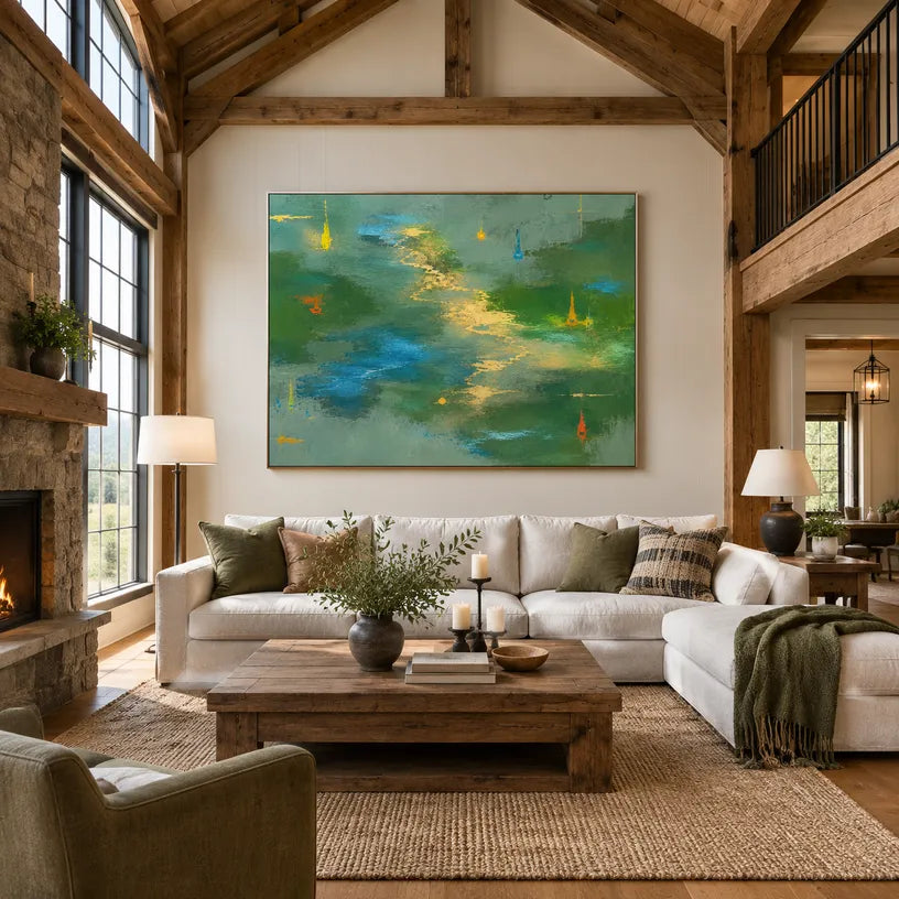 Abstract Expressionist abstract oil painting showing layered abstract marks, texture and expressive painterly movement in a green palette.