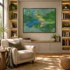 Abstract Expressionist abstract oil painting showing layered abstract marks, texture and expressive painterly movement in a green palette.