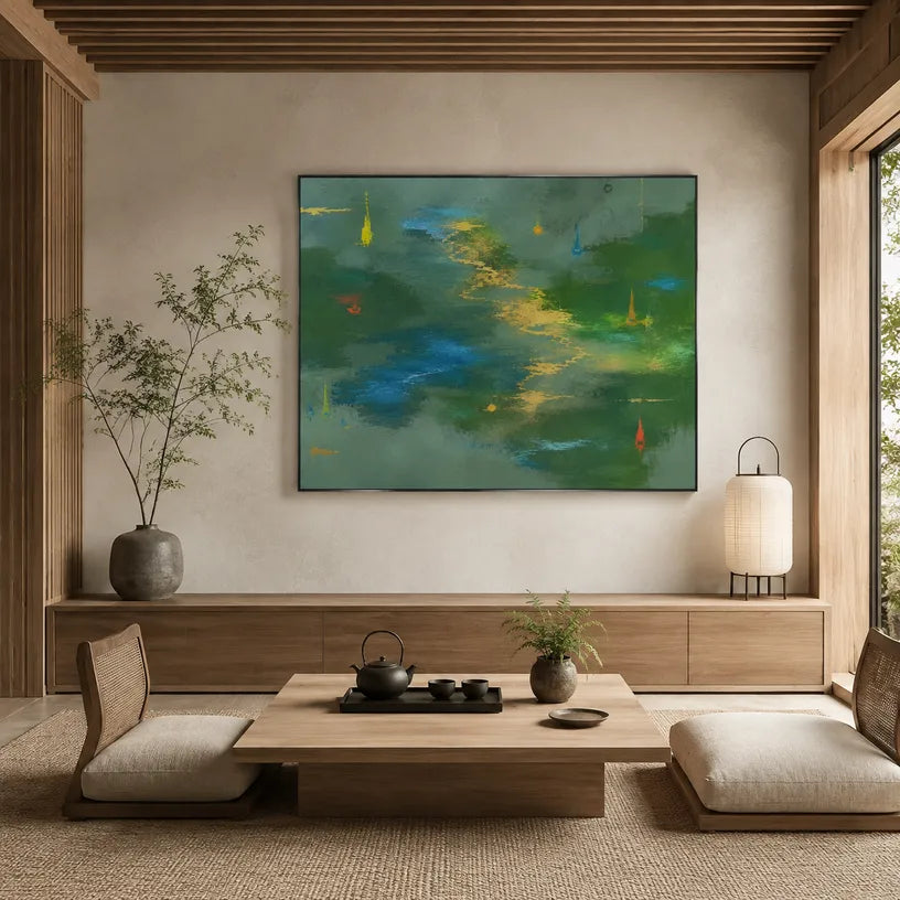 Abstract Expressionist abstract oil painting showing layered abstract marks, texture and expressive painterly movement in a green palette.