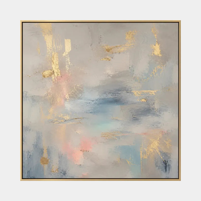 Abstract Expressionist abstract oil painting showing layered abstract marks, texture and expressive painterly movement in a grey palette.
