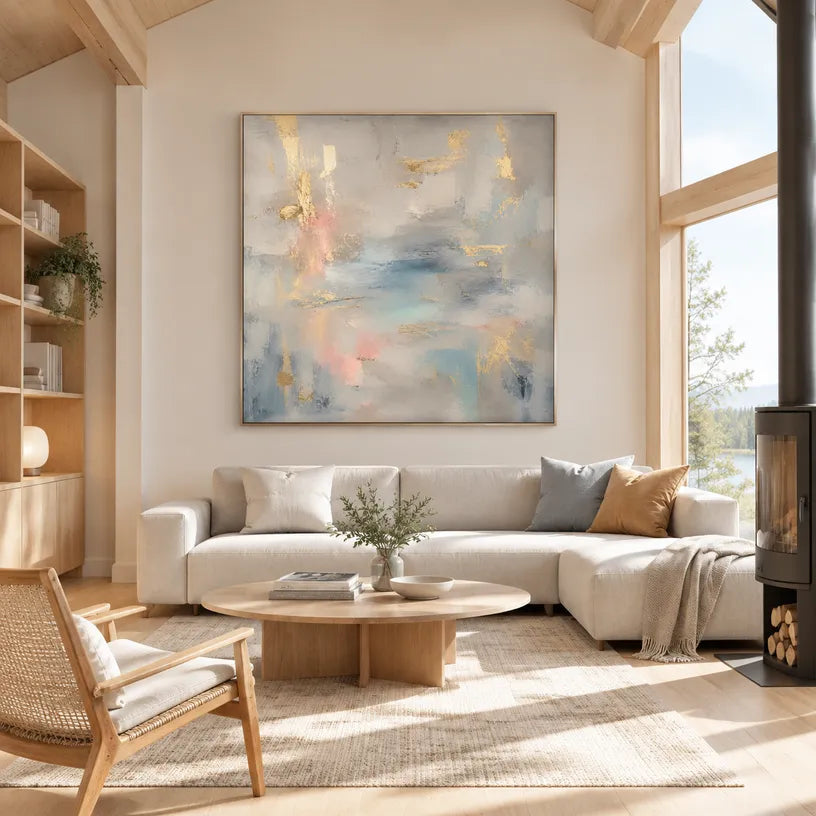 Abstract Expressionist abstract oil painting showing layered abstract marks, texture and expressive painterly movement in a grey palette.