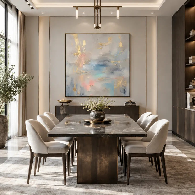 Abstract Expressionist abstract oil painting showing layered abstract marks, texture and expressive painterly movement in a grey palette.