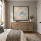 Abstract Expressionist abstract oil painting showing layered abstract marks, texture and expressive painterly movement in a grey palette.