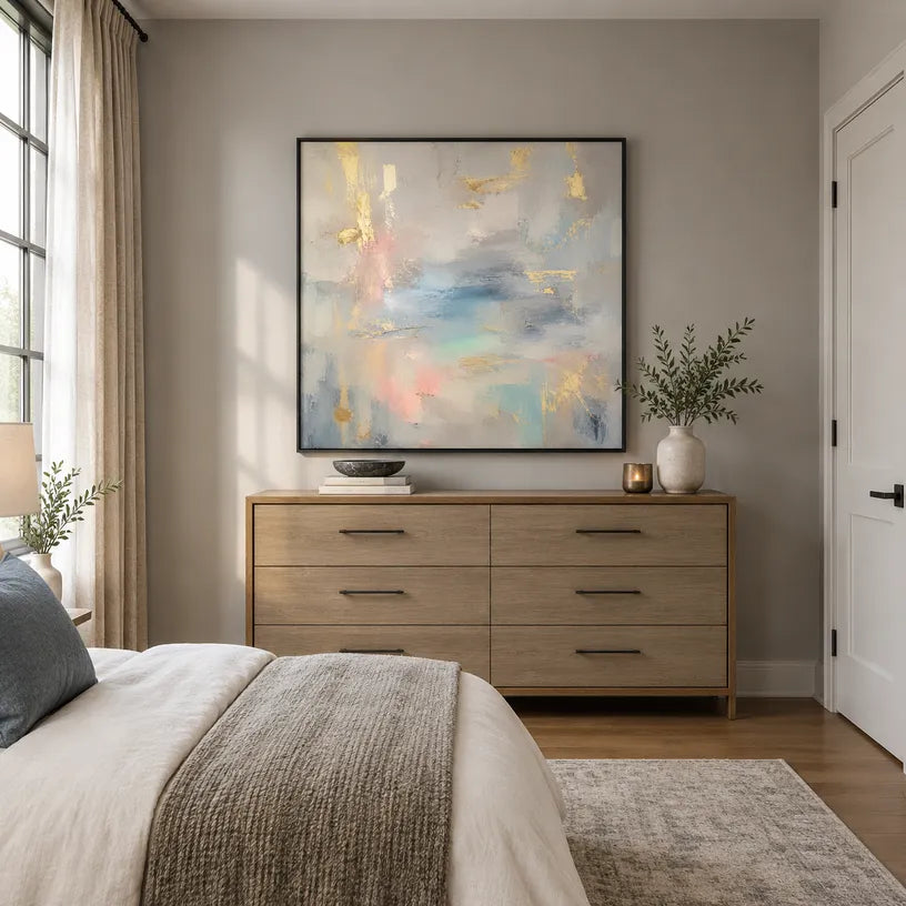 Abstract Expressionist abstract oil painting showing layered abstract marks, texture and expressive painterly movement in a grey palette.