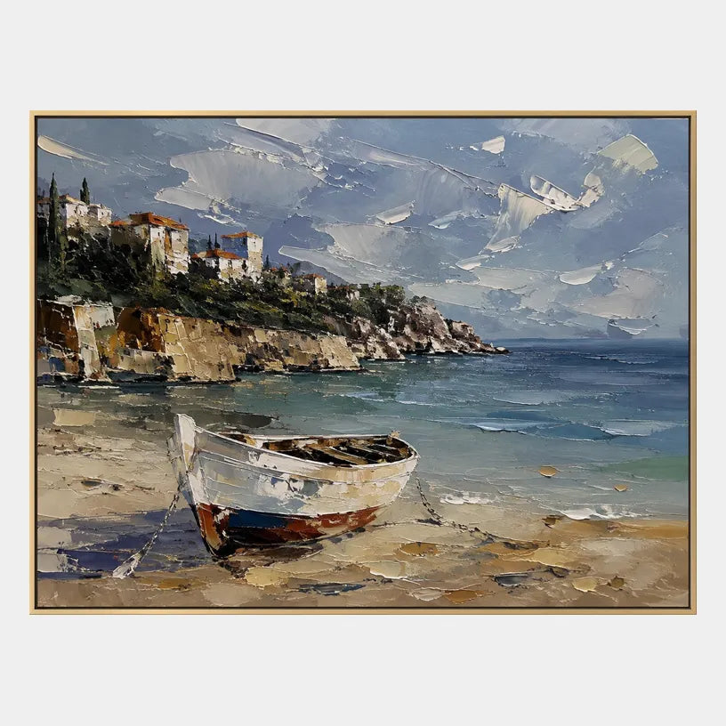 Abstract Expressionist landscapes & seascapes & cityscapes oil painting showing a painterly landscape with distant hills, trees or reflective water in a blue palette.