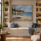 Abstract Expressionist landscapes & seascapes & cityscapes oil painting showing a painterly landscape with distant hills, trees or reflective water in a blue palette.
