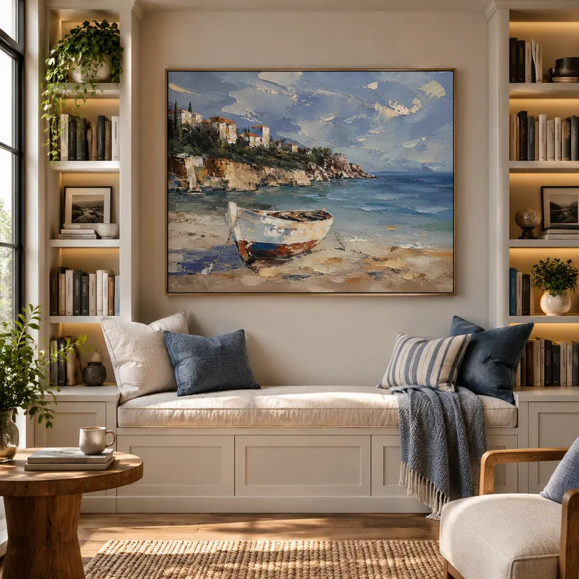 Abstract Expressionist landscapes & seascapes & cityscapes oil painting showing a painterly landscape with distant hills, trees or reflective water in a blue palette.