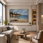 Abstract Expressionist landscapes & seascapes & cityscapes oil painting showing a painterly landscape with distant hills, trees or reflective water in a blue palette.