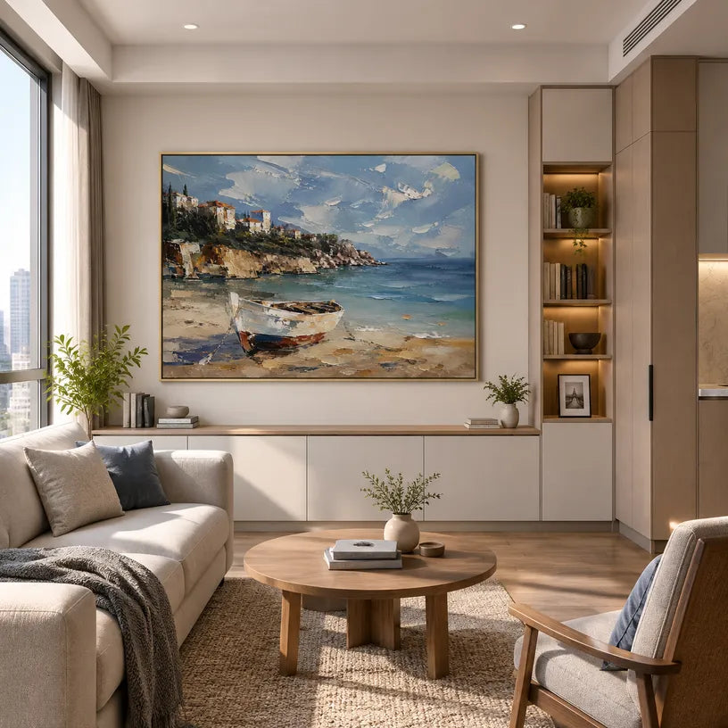 Abstract Expressionist landscapes & seascapes & cityscapes oil painting showing a painterly landscape with distant hills, trees or reflective water in a blue palette.