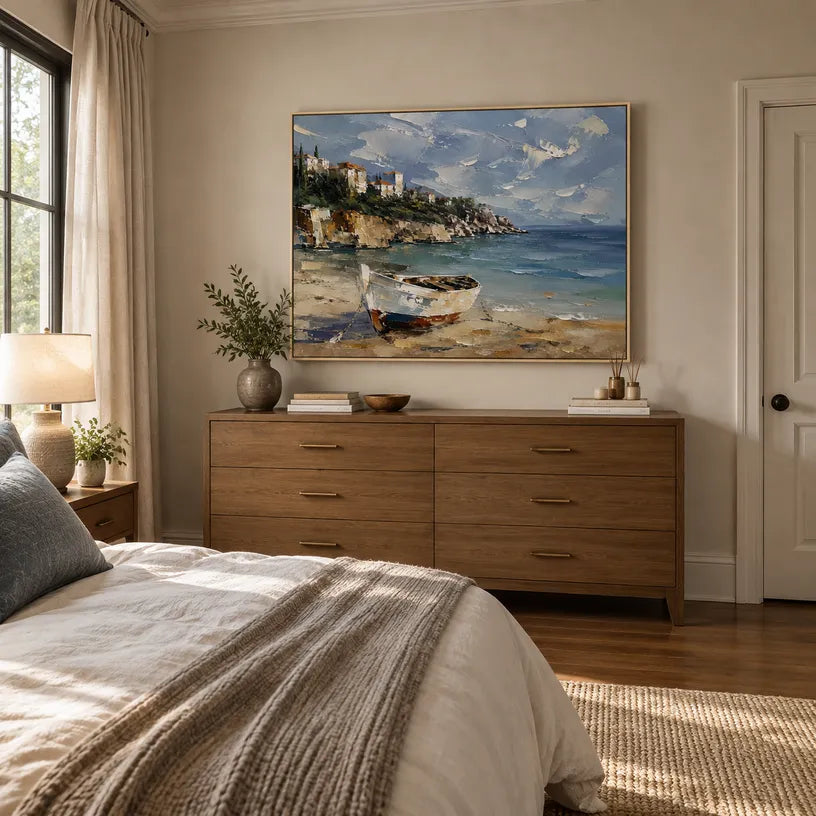 Abstract Expressionist landscapes & seascapes & cityscapes oil painting showing a painterly landscape with distant hills, trees or reflective water in a blue palette.