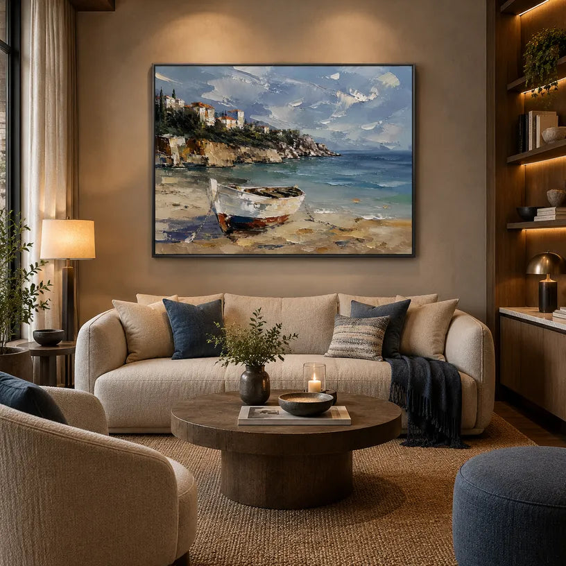 Abstract Expressionist landscapes & seascapes & cityscapes oil painting showing a painterly landscape with distant hills, trees or reflective water in a blue palette.