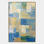 Abstract Expressionist abstract oil painting showing layered abstract marks, texture and expressive painterly movement in a blue palette.