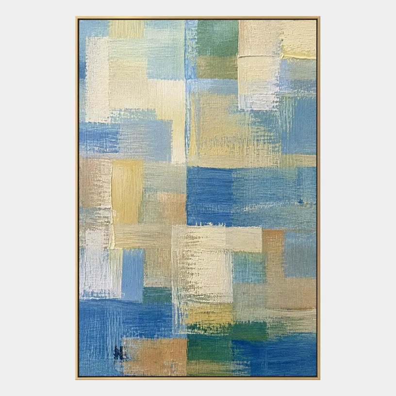 Abstract Expressionist abstract oil painting showing layered abstract marks, texture and expressive painterly movement in a blue palette.