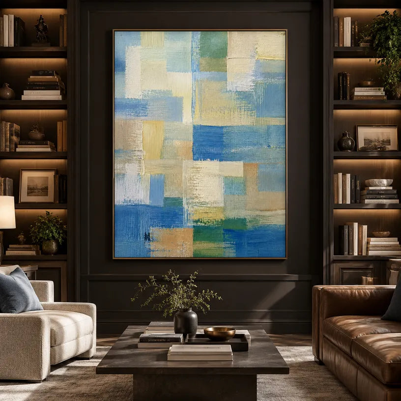 Abstract Expressionist abstract oil painting showing layered abstract marks, texture and expressive painterly movement in a blue palette.