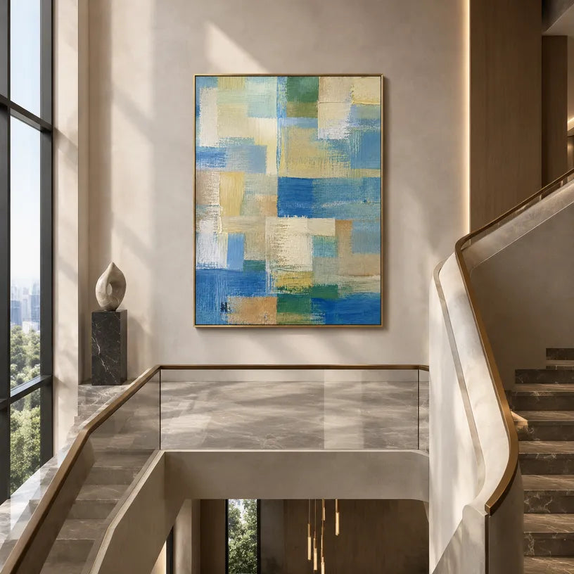 Abstract Expressionist abstract oil painting showing layered abstract marks, texture and expressive painterly movement in a blue palette.