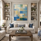 Abstract Expressionist abstract oil painting showing layered abstract marks, texture and expressive painterly movement in a blue palette.