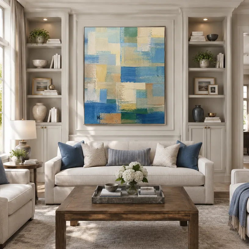 Abstract Expressionist abstract oil painting showing layered abstract marks, texture and expressive painterly movement in a blue palette.