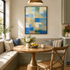 Abstract Expressionist abstract oil painting showing layered abstract marks, texture and expressive painterly movement in a blue palette.