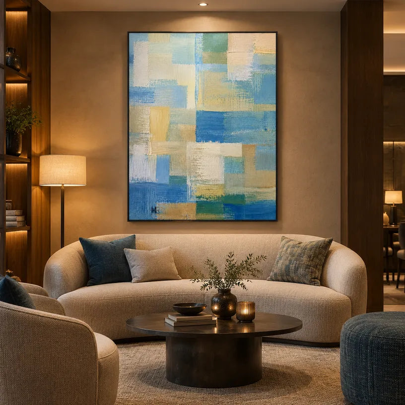 Abstract Expressionist abstract oil painting showing layered abstract marks, texture and expressive painterly movement in a blue palette.