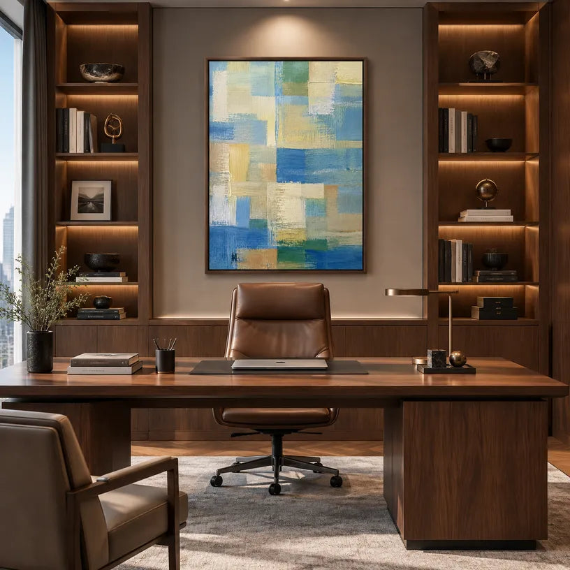 Abstract Expressionist abstract oil painting showing layered abstract marks, texture and expressive painterly movement in a blue palette.