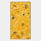 Abstract Expressionist abstract oil painting showing golden yellow ground with fine white lines in a yellow palette, contemporary wall art.