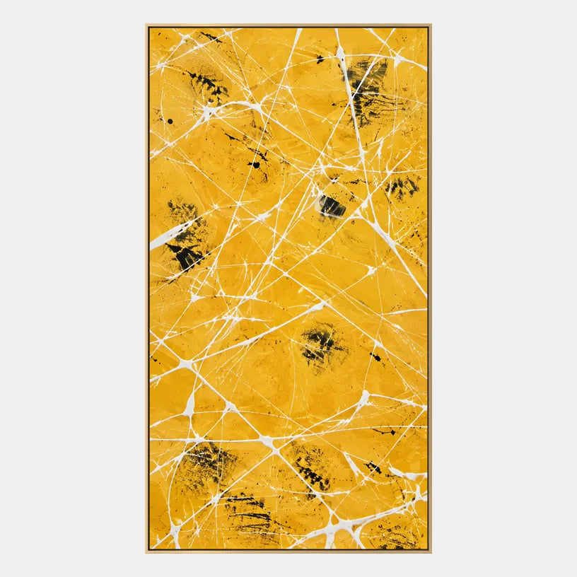 Abstract Expressionist abstract oil painting showing golden yellow ground with fine white lines in a yellow palette, contemporary wall art.