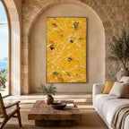 Abstract Expressionist abstract oil painting showing golden yellow ground with fine white lines in a yellow palette, contemporary wall art.