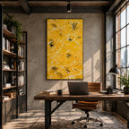 Abstract Expressionist abstract oil painting showing golden yellow ground with fine white lines in a yellow palette, contemporary wall art.