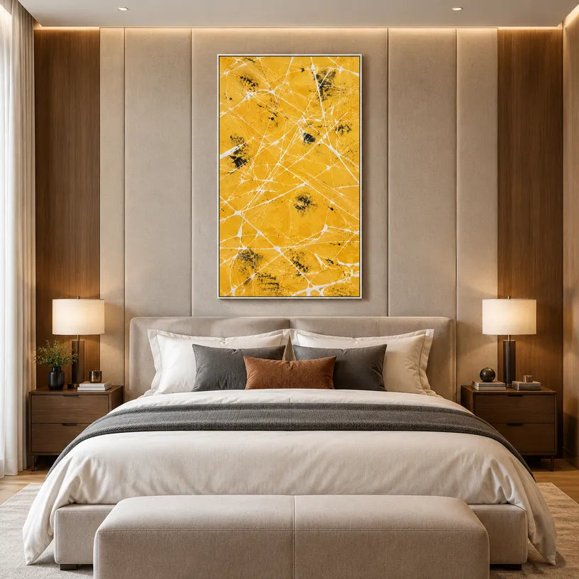 Abstract Expressionist abstract oil painting showing golden yellow ground with fine white lines in a yellow palette, contemporary wall art.