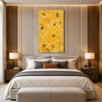 Abstract Expressionist abstract oil painting showing golden yellow ground with fine white lines in a yellow palette, contemporary wall art.