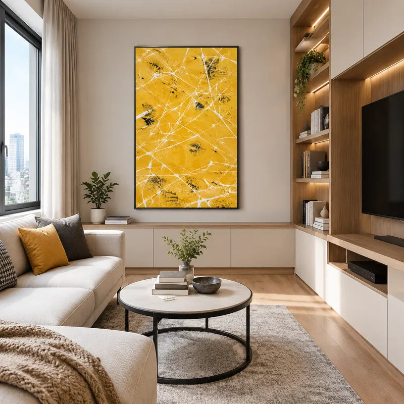 Abstract Expressionist abstract oil painting showing golden yellow ground with fine white lines in a yellow palette, contemporary wall art.