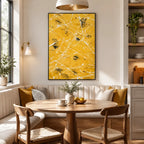 Abstract Expressionist abstract oil painting showing golden yellow ground with fine white lines in a yellow palette, contemporary wall art.