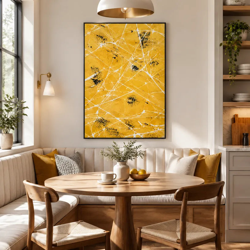 Abstract Expressionist abstract oil painting showing golden yellow ground with fine white lines in a yellow palette, contemporary wall art.