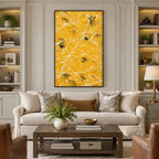 Abstract Expressionist abstract oil painting showing golden yellow ground with fine white lines in a yellow palette, contemporary wall art.