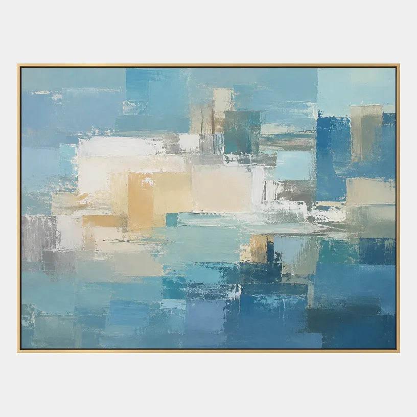 Abstract Expressionist abstract oil painting showing layered abstract marks, texture and expressive painterly movement in a blue palette.