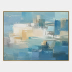 Abstract Expressionist abstract oil painting showing layered abstract marks, texture and expressive painterly movement in a blue palette.