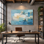 Abstract Expressionist abstract oil painting showing layered abstract marks, texture and expressive painterly movement in a blue palette.