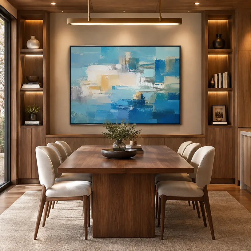 Abstract Expressionist abstract oil painting showing layered abstract marks, texture and expressive painterly movement in a blue palette.