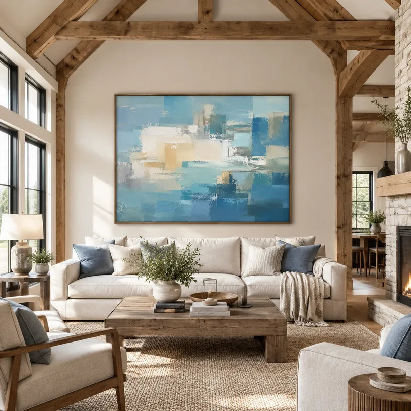 Abstract Expressionist abstract oil painting showing layered abstract marks, texture and expressive painterly movement in a blue palette.