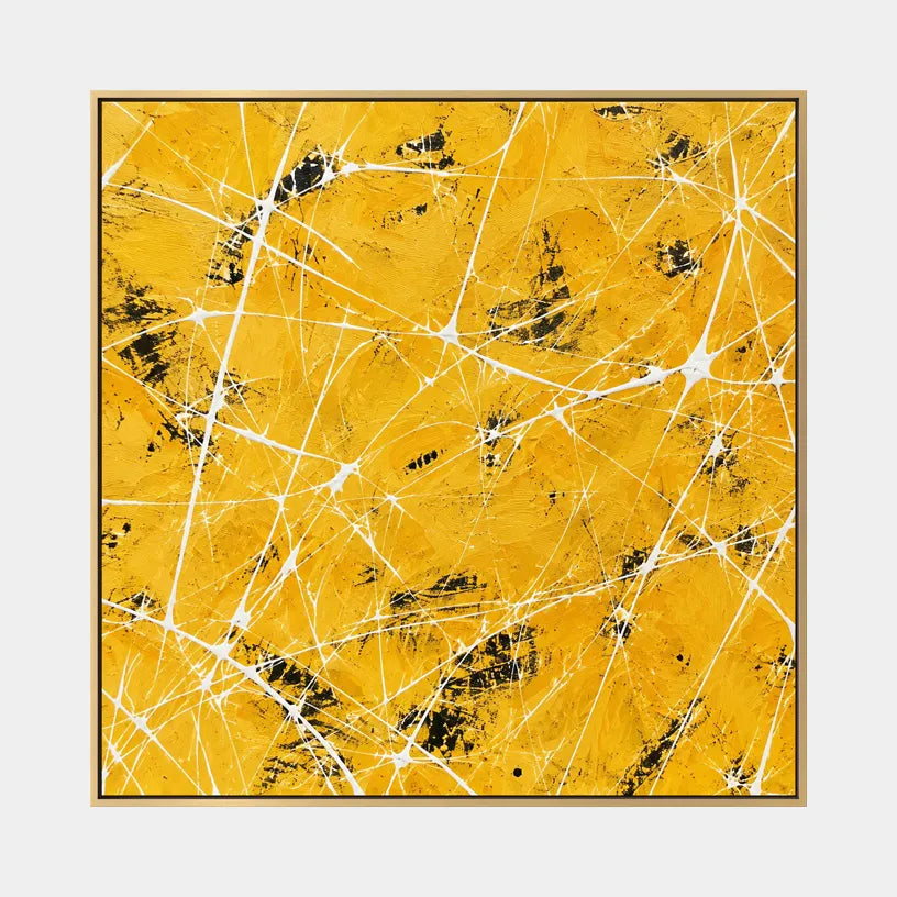 Abstract Expressionist abstract oil painting showing sunny yellow texture with layered linear marks in a yellow palette, contemporary wall art.